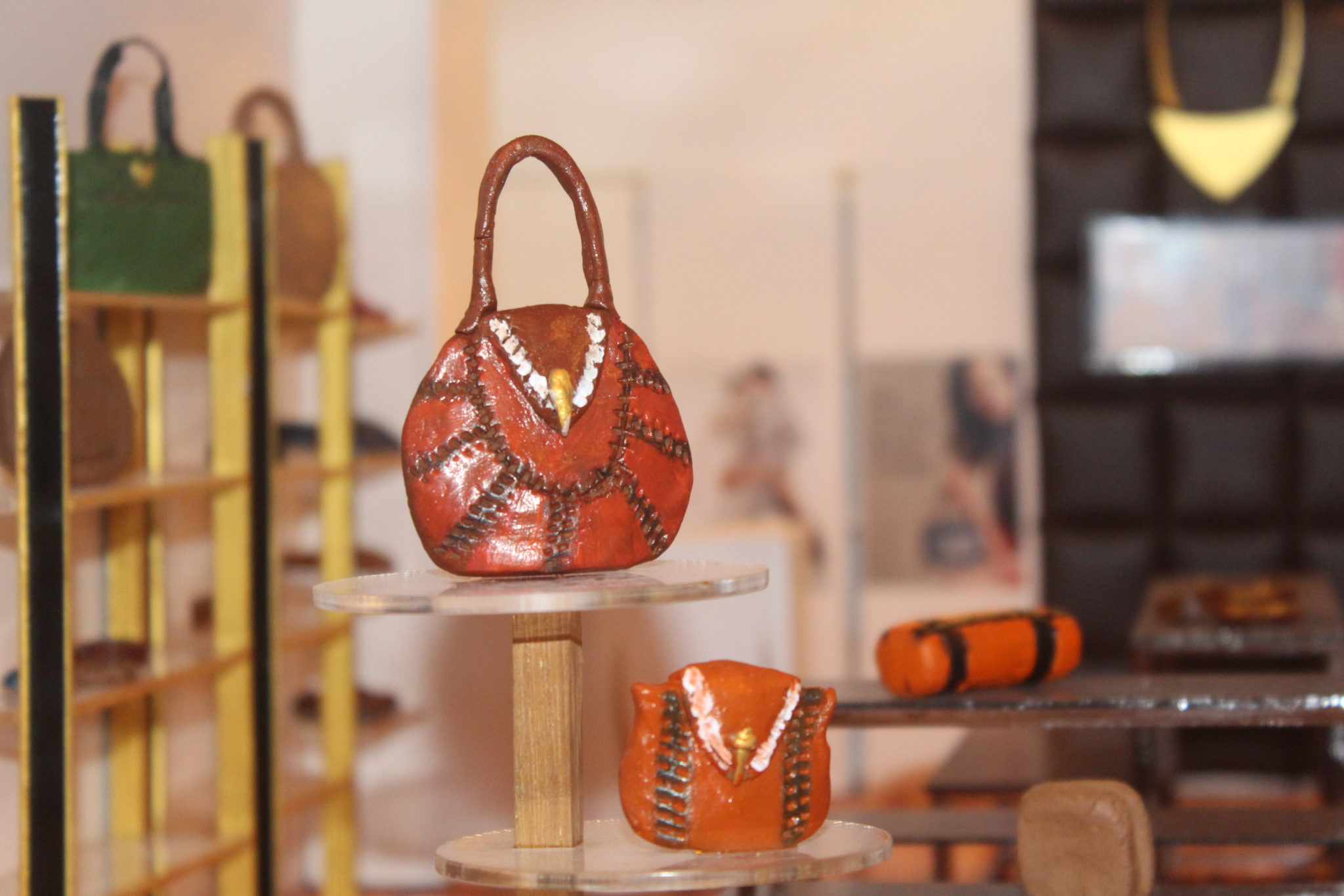 Close up of miniature product displays in the Hidesign model